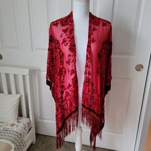 Deep Red Burnout Velvet Witchy Shawl with Fringe
